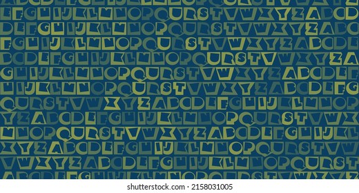 Filas de estilo Art Deco Verde Fuentes negrita, letras aleatorias del alfabeto - Patrón, textura sin inconvenientes en fondo azul de gran escala oscuro, elemento de diseño para portadas Web o de libros en formato vectorial editable