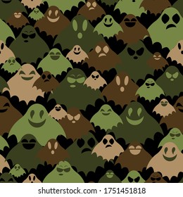 Rows of green, black and brown ghosts with various faces, camouflage khaki vector seamless background for army.