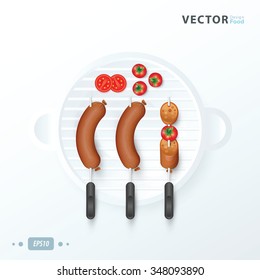 Rows of hot dogs and tomato on barbeque grill