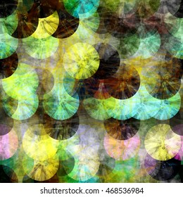 Rows of light and dark circles. Green and yellow background. Abstract seamless pattern. Vector. Watercolor and blur effect