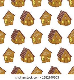 Rows of little gingerbread houses, repeat vector on white background, surface pattern design