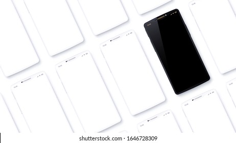 Rows of mobile phones are placed at an angle to the point of view. Vector set of imaginary smartphones. Black cell phone looks special among generic white devices. Angled flat lay. 3d realistic mockup