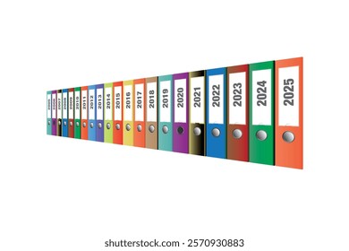 Rows of multicolored binders with years from 2005 tot 2025. In a 3 dimentional view.