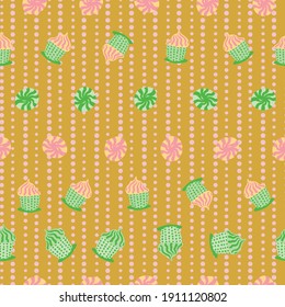 Rows od cupcakes and cookies seamless vector pattern. Sweet treats surface print design for fabrics, stationery, party paper, birthday gift wrap, backgrounds, textiles, and packaging.