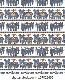 rows of ornate blue elephants on white background