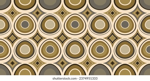 Rows of ovals, inside of which there are also oval rings. Between the rows with ovals are diamonds, which also have diamonds. Stylish pattern for surfaces, print, wallpaper, decoration.