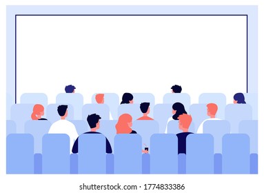 Rows of people sitting on seats in cinema hall at big white screen. Men and women watching movie in cinema theatre. Vector illustration for premiere night, audience, auditorium concept