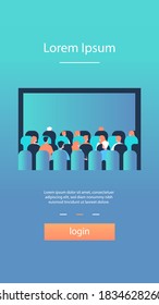 Rows of people sitting on seats in cinema hall at big white screen. Men and women watching movie in cinema theatre. Vector illustration for premiere night, audience, auditorium concept