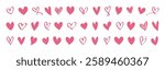 Rows of pink hearts in various styles. Pink hearts repeated in a pattern. Different pink heart designs create a charming, playful look. Valentines doodle vector set.