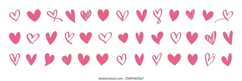 Rows of pink hearts in various styles. Pink hearts repeated in a pattern. Different pink heart designs create a charming, playful look. Valentines doodle vector set.