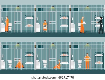 Rows of prison cells with life in jail, prison inmates in orange uniform behind the bars, prison jail interior room interior, vector illustration.