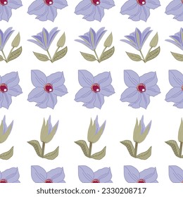 Rows of purple Clematis Ramona showing its alizarin crimson anthers on a white background creates this seamless repeat pattern design.