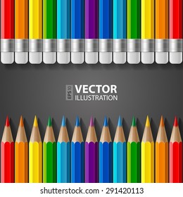 Rows of rainbow colored pencils with erasers and realistic shadows on dark grey gradient background. RGB EPS 10 vector illustration