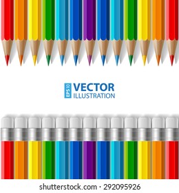 Rows of rainbow colored pencils with erasers and realistic shadows on white background. RGB EPS 10 vector illustration