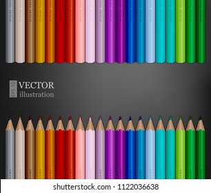 Rows of rainbow colored pencils on dark grey background. EPS 10