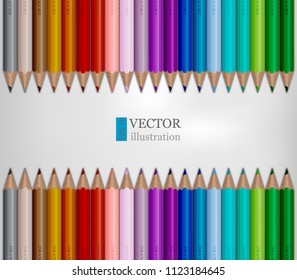 Rows of rainbow colored pencils on white background. EPS 10
