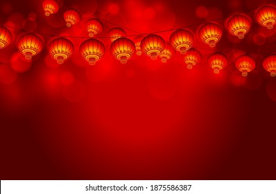 Rows of Red Chinese Shining Lanterns Hang on Top of A Gradient Red Background. Vector Illustration of Happy Chinese New Year Background.