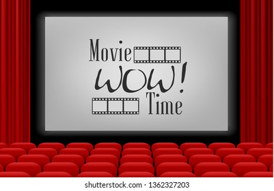 Rows of red cinema movie empty theater seats. Glowing blank screen or movie template banner background, vector illustration