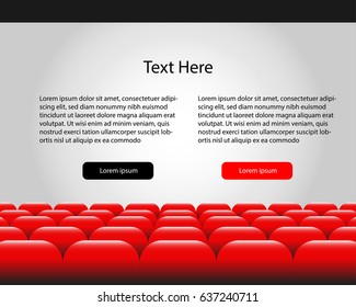Rows of red cinema movie theater seats in front of white blank screen with text space. vector illustration