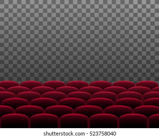 Rows of red cinema theater or auditorium seats in front of transparent background. Vector