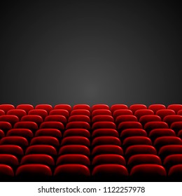 Rows of red cinema or theater seats in front of black blank screen. Wide empty movie theater auditorium with red seats. Vector illustration