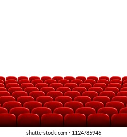 Rows of red cinema or theater seats in front of white blank screen. Wide empty movie theater auditorium with red seats. Vector illustration