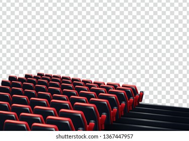 Rows of red cinema or theater seats in front of transparent background