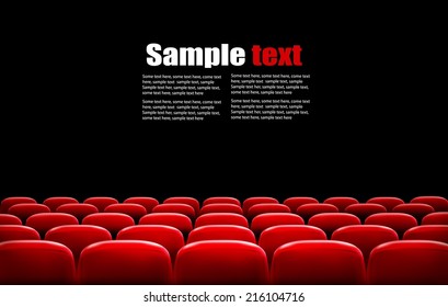 Rows of red cinema or theater seats in front of black screen with sample text space. Vector.