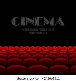 Rows of red cinema or theater seats in front of wide black screen with sample text vector illustration
