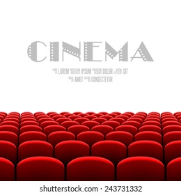 Rows of red cinema or theater seats in front of wide white screen with sample text vector illustration
