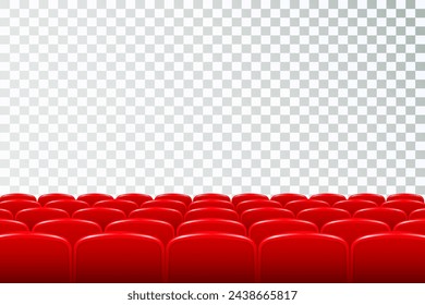 Rows of red cinema or theater seats in front of transparent background. Vector.