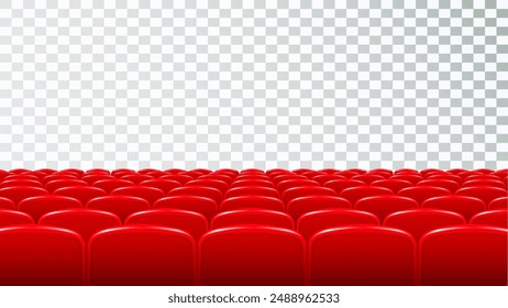 Rows of red cinema or theater seats in front of transparent background. Vector.