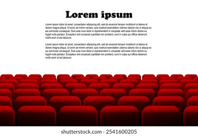 Rows of red cinema or theater seats in front of white blank screen with sample text space. Vector.