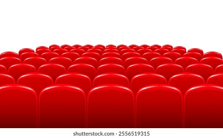Rows of red cinema or theater seats in front of transparent background. Vector.