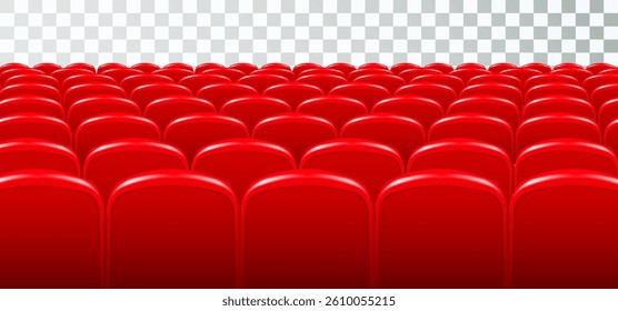 Rows of red cinema or theater seats in front of transparent background. Vector.