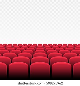 Rows of red cinema or theater seats on transparent background. Vector illustration of Movie Theater with row of chairs. Premiere event template. Realistic style.  