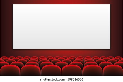 Rows of red cinema or theater seats in front of white blank screen - stock vector.