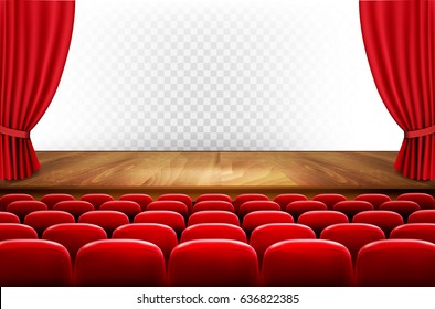 Rows of red cinema or theater seats in front of transparent background. Vector