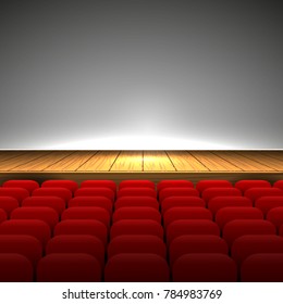 Rows of red cinema or theater seats hall interior, stage with wooden floor isolated of gray background. Vector illustration