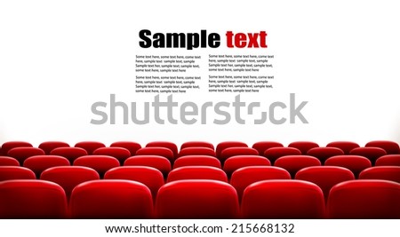 Rows of red cinema or theater seats in front of white blank screen with sample text space. Vector.