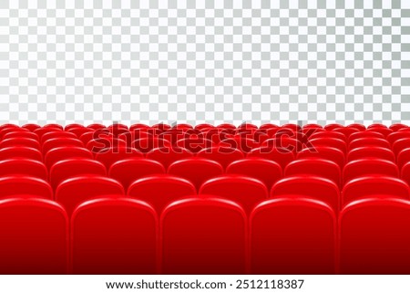 Rows of red cinema or theater seats in front of transparent background. Vector.