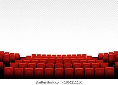 Rows of red seats, back view. Empty seats in the cinema hall, cinema, theater, opera, events, shows. Interior element. Vector realistic 3d illustration.