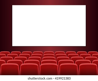 Rows of red seats in front of white blank screen