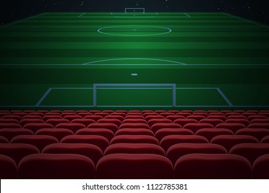 Rows of red seats on football stadium. Soccer background
