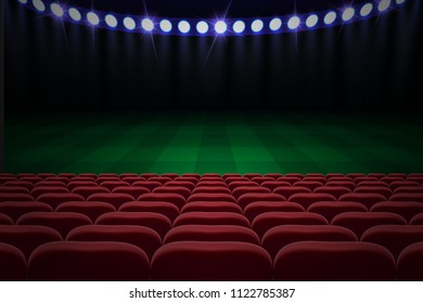 Rows of red seats on football stadium. Soccer background