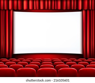 Rows of red theater seats in front of white screen surrounded by red curtains. Vector.