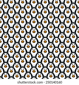 Rows of Repeating and forward Staring Penguins in a background Pattern