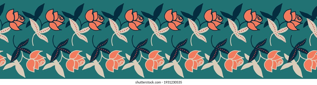 Filas del borde vectorial decorativo de rosas. embellecimiento horizontal para tarjetas, carteles y telas. Se puede enlosar como patrón de transferencia sin fisuras en papel, envoltura de regalo, textiles, fondos y embalaje