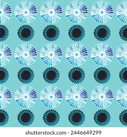Rows with series of artistic rosette seamless pattern;  vector illustration with rows of blue flowers