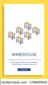 Rows of shelves with cardboard boxes are in the storage room. Storage of goods in containers before shipping. Vector isometric illustration on an advertising poster of a delivery service or warehouse
